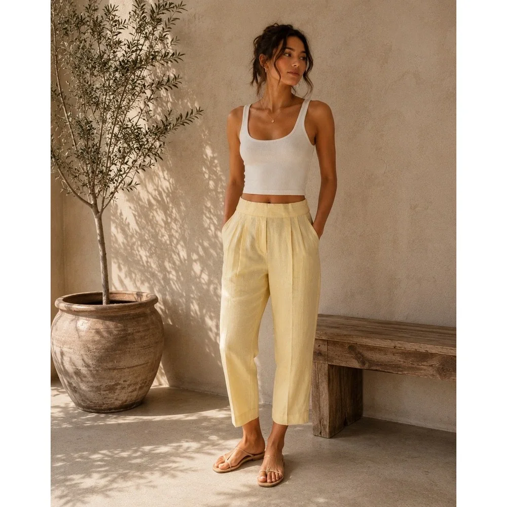 Babaton Aritzia Linen Blend Pull-On Ankle Pants Size 2 Butter Yellow Pleated